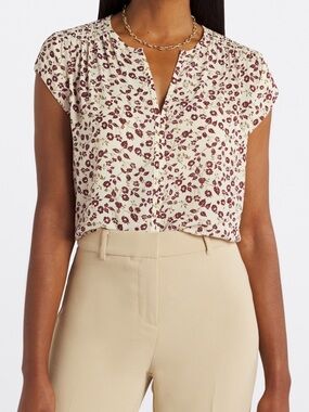 New Monday Smocked Shoulder Floral Cap-Sleeve Blouse - Cream with Burgundy Print